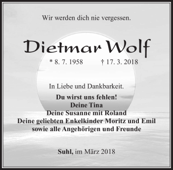 Traueranzeige von Dietmar Wolf von Südthüringer Presse