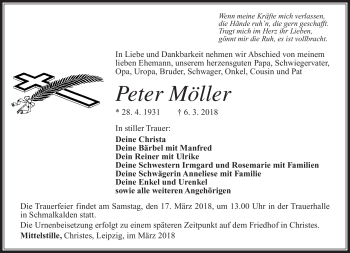 Traueranzeige von Peter Möller von Südthüringer Presse