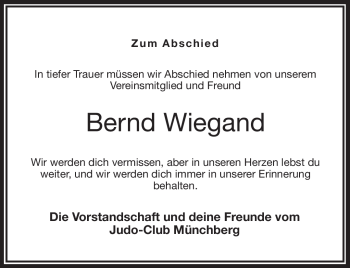 Traueranzeige von Bernd Wiegand von Frankenpost