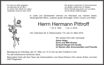 Traueranzeige von Hermann Pittroff von Frankenpost