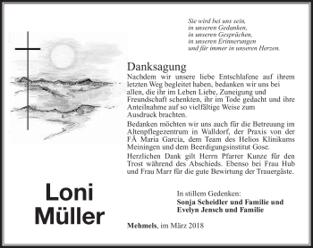 Traueranzeige von Loni Müller von Südthüringer Presse