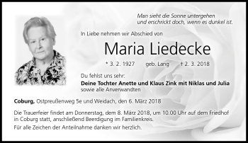 Traueranzeige von Maria Liedeckee von Neue Presse Coburg