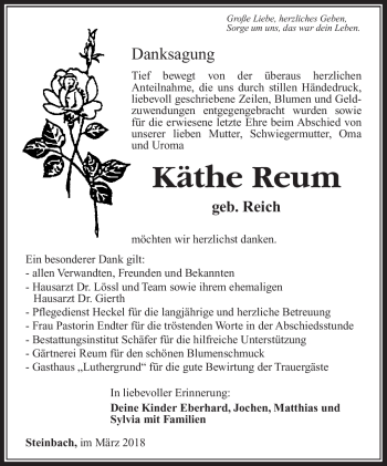 Traueranzeige von Käthe Reum von Südthüringer Presse