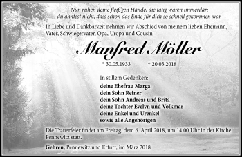 Traueranzeige von Manfred Möller von Südthüringer Presse