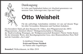 Traueranzeige von Otto Weisheit von Südthüringer Presse