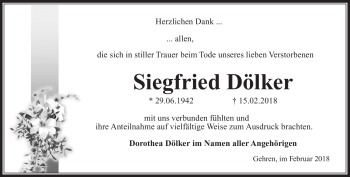 Traueranzeige von Siegfried Dölker von Südthüringer Presse