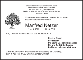 Traueranzeige von Manfred Netzer von Frankenpost