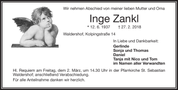 Traueranzeige von Inge Zankl von Frankenpost