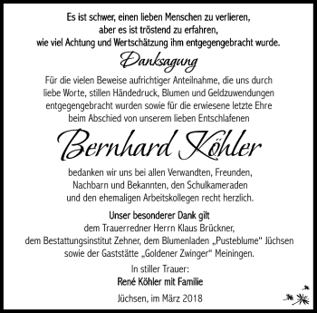 Traueranzeige von Bernhard Köhler von Südthüringer Presse