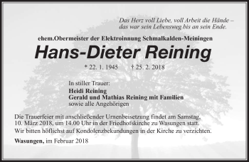 Traueranzeige von Hans-Dieter Reining von Südthüringer Presse
