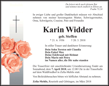Traueranzeige von Karin Widder von Südthüringer Presse