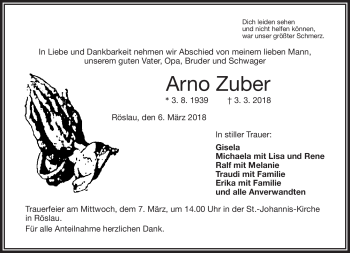 Traueranzeige von Arno Zuber von Frankenpost
