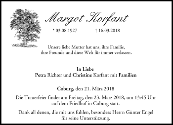 Traueranzeige von Margot Korfant von Neue Presse Coburg