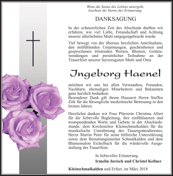 Traueranzeige von Ingeborg Haenel von Südthüringer Presse