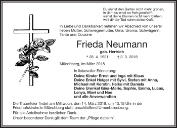 Traueranzeige von Frieda Neumann von Frankenpost