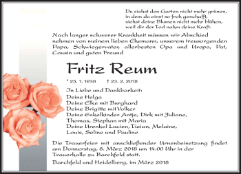 Traueranzeige von Fritz Reum von Südthüringer Presse