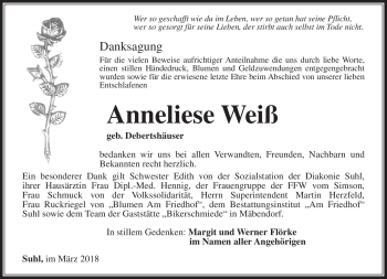 Traueranzeige von Anneliese Weiß von Südthüringer Presse