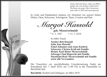 Traueranzeige von Margot Hassold von Südthüringer Presse