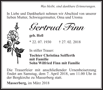 Traueranzeige von Gertrud Finn von Südthüringer Presse