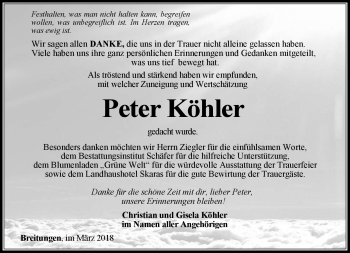Traueranzeige von Peter Köhler von Südthüringer Presse