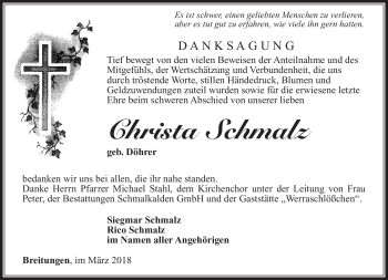 Traueranzeige von Christa Schmalz von Südthüringer Presse