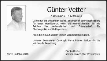 Traueranzeige von Günter Vetter von Neue Presse Coburg