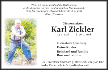 Traueranzeige von Karl Zickler von Südthüringer Presse