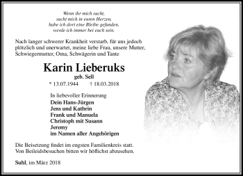Traueranzeige von Karin Lieberuks von Südthüringer Presse