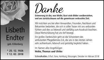 Traueranzeige von Lisbeth Endter von Südthüringer Presse