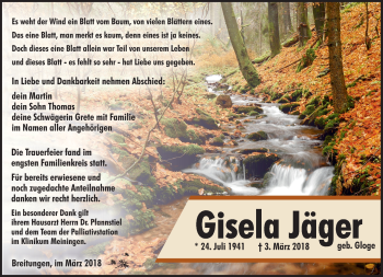Traueranzeige von Gisela Jäger von Südthüringer Presse