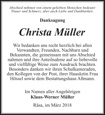 Traueranzeige von Christa Müller von Südthüringer Presse