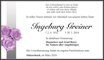 Traueranzeige von Ingeburg Greiner von Südthüringer Presse