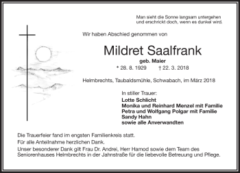 Traueranzeige von Mildret Saalfrank von Frankenpost