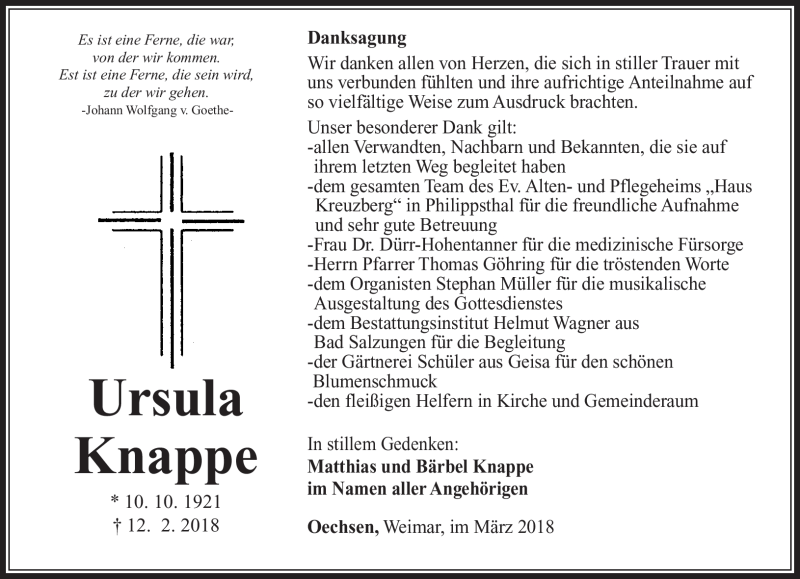  Traueranzeige für Ursula Knappe vom 09.03.2018 aus Südthüringer Presse