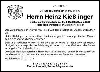Traueranzeige von Heinz Josef Kießlinger von Frankenpost