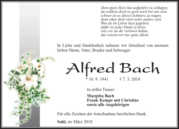 Traueranzeige von Alfred Bach von Südthüringer Presse