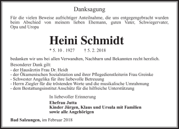 Traueranzeige von Heini Schmidt von Südthüringer Presse