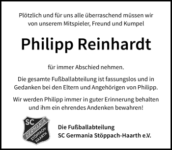 Traueranzeige von Philipp Reinhardt von Neue Presse Coburg
