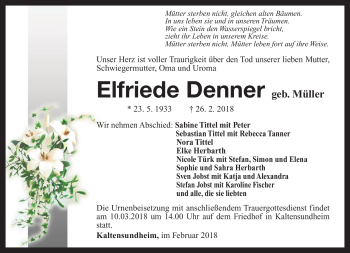 Traueranzeige von Elfriede Denner von Südthüringer Presse