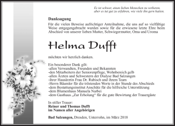 Traueranzeige von Helma Dufft von Südthüringer Presse