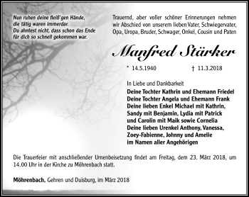 Traueranzeige von Manfred Stärker von Südthüringer Presse