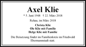 Traueranzeige von Axel Klie von Frankenpost