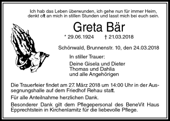 Traueranzeige von Greta Bär von Frankenpost