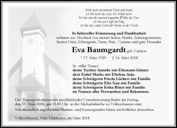 Traueranzeige von Eva Baumgardt von Südthüringer Presse