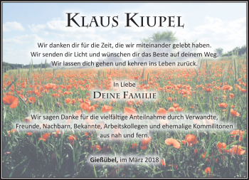 Traueranzeige von Klaus Kiupel von Südthüringer Presse