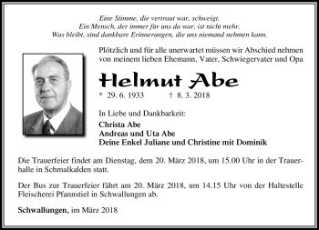 Traueranzeige von Helmut Abe von Südthüringer Presse