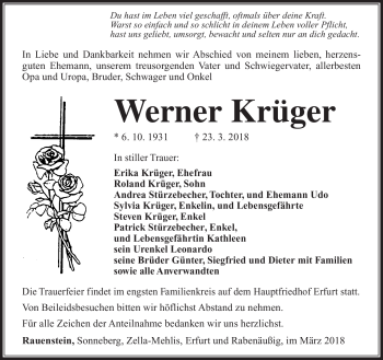Traueranzeige von Werner Krüger von Südthüringer Presse