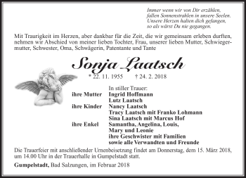 Traueranzeige von Sonja Laatsch von Südthüringer Presse