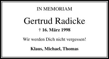 Traueranzeige von Gertrud Radicke von Frankenpost