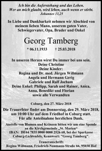 Traueranzeige von Georg Tamberg von Neue Presse Coburg